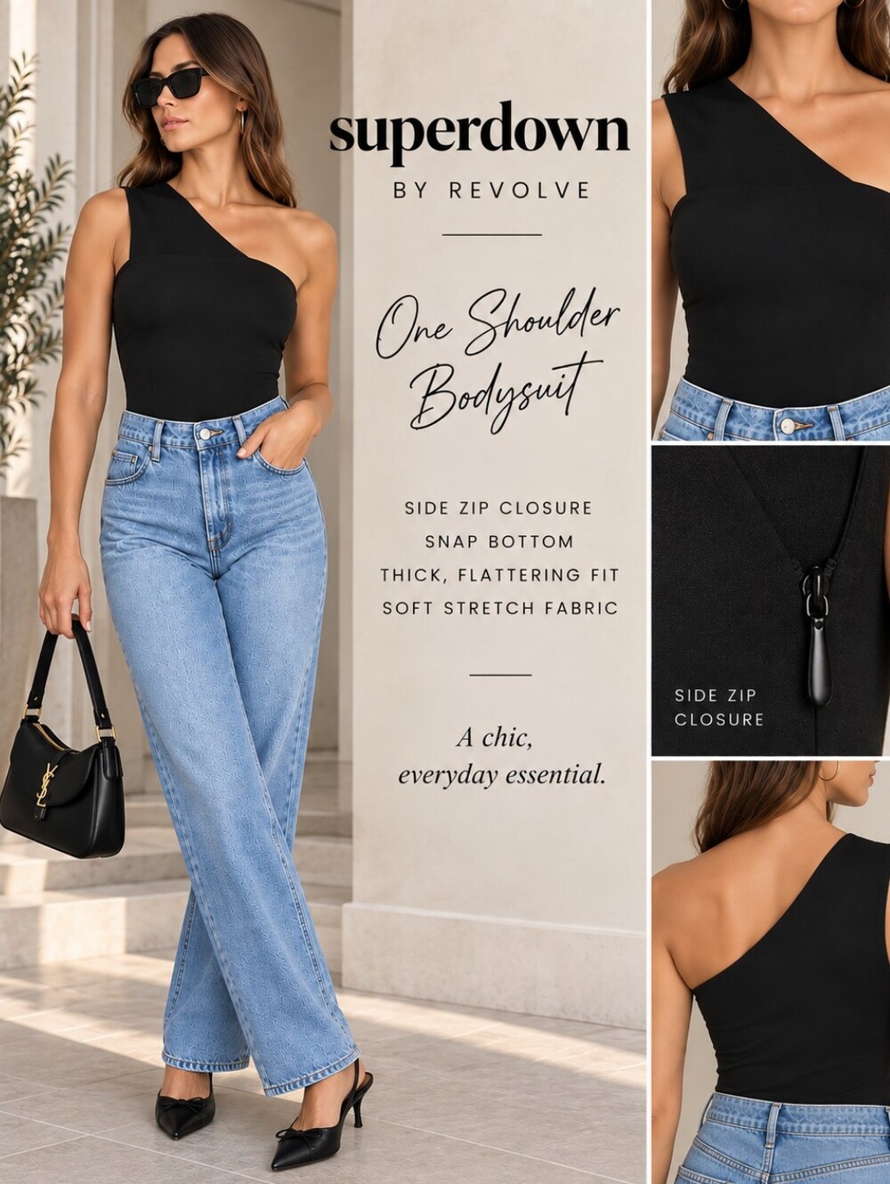 superdown Black One-Shoulder Bodysuit with Snap Bottom